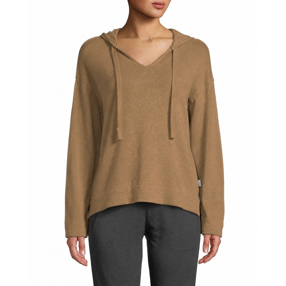 Onia  Lauren Knit Hoodie Sweater Tan Brown V-Neck Pullover Long Sleeve Small